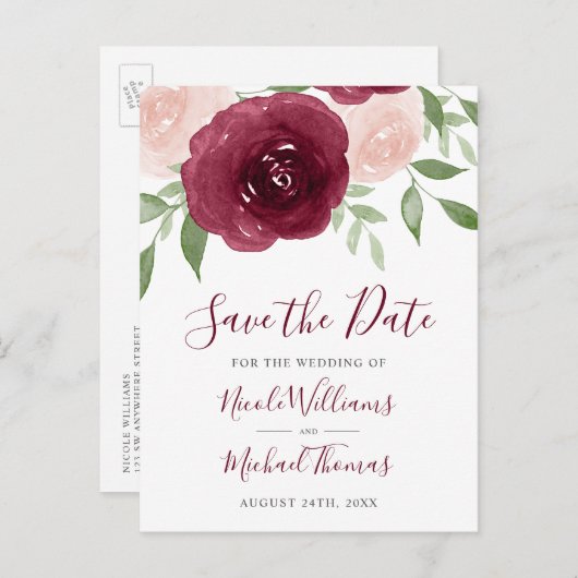 Waterverf Floral Wedding Save the Date Aankondigingskaart (Voorkant / Achterkant)
