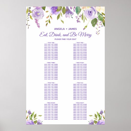 Waterverf Floral Wedding Seating Chart Poster (Voorkant)