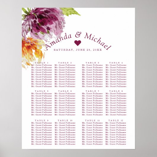 Waterverf Floral Wedding Seating Chart Poster (Voorkant)