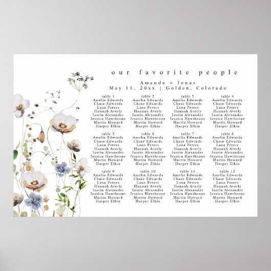 Waterverf Floral Wedding Seating Chart Poster (Voorkant)