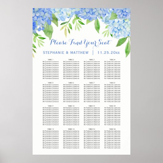 Waterverf Floral Wedding Seding Chart Hydrangea Poster (Voorkant)