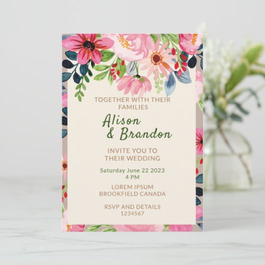 Waterverf Floral Wedding Uitnodiging (Staand voorkant)