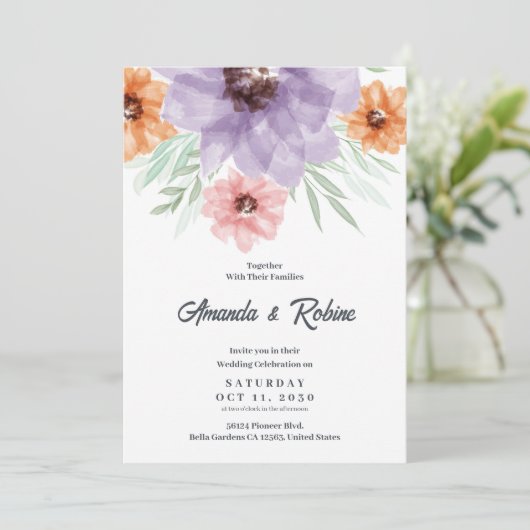 Waterverf Floral Wedding Uitnodiging (Staand voorkant)