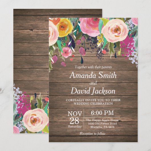 Waterverf Floral Wedding Uitnodiging (Voorkant / Achterkant)