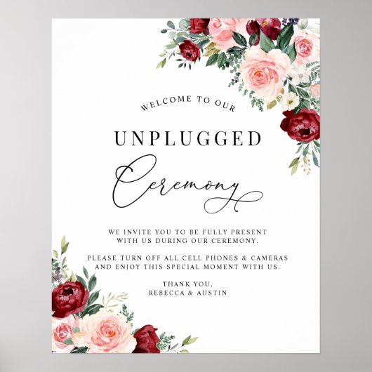 Waterverf Floral Wedding Unplugged Ceremony Sign Poster (Voorkant)