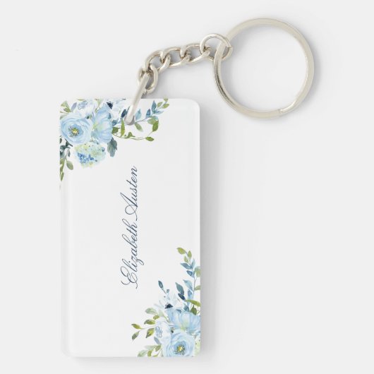 Waterverf Floral White Blue Scriptnaam Sleutelhanger (achterkant)