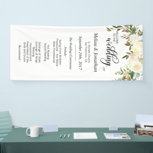 Waterverf Floral White Cream Wedding Programme Spandoek (Beurs)
