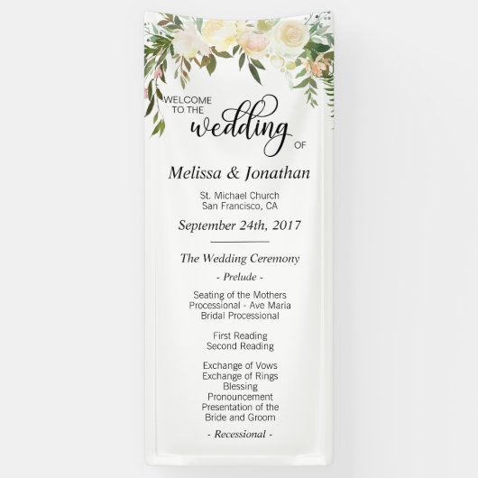 Waterverf Floral White Cream Wedding Programme Spandoek (Verticaal)