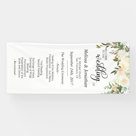 Waterverf Floral White Cream Wedding Programme Spandoek (Horizontaal)