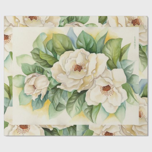 Waterverf  Floral White Magnolia Flowers Cadeaupapier (Vlak)