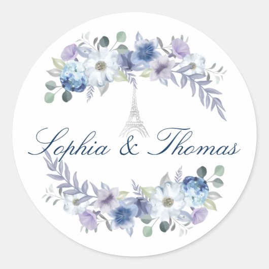 Waterverf Floral White Wedding in de Parijse Eiffe Ronde Sticker (Voorkant)