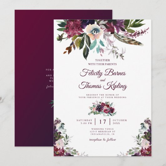 Waterverf Floral White Wedding van Burgundy Splend Kaart (Voorkant / Achterkant)