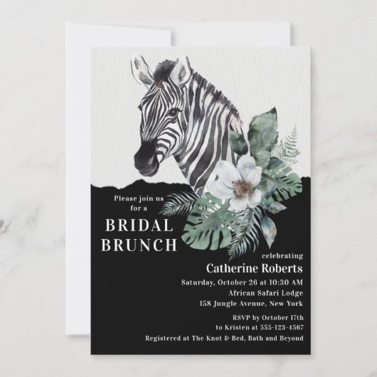 Waterverf Floral Wild Zebra Bridal Brunch Kaart (Voorkant)
