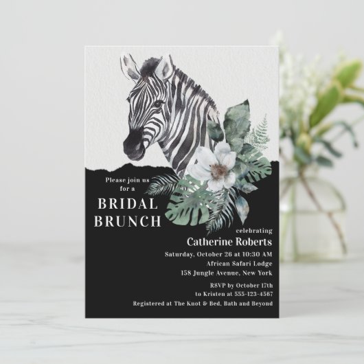 Waterverf Floral Wild Zebra Bridal Brunch Kaart (Staand voorkant)