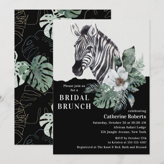Waterverf Floral Wild Zebra Bridal Brunch Kaart (Voorkant / Achterkant)