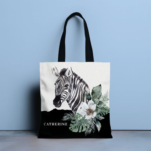 Waterverf Floral Wild Zebra Persoonlijke naam Tote Bag