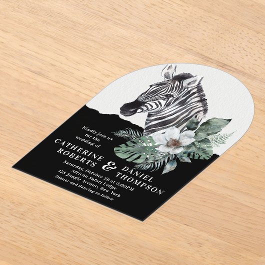 Waterverf Floral Wild Zebra Safari Wedding Acryl Uitnodigingen (Laagn)