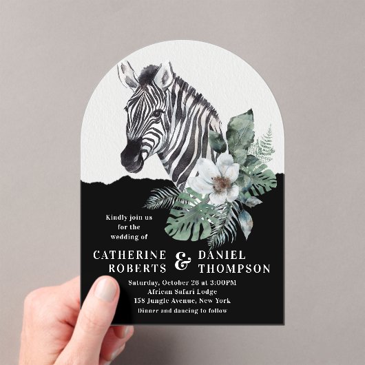 Waterverf Floral Wild Zebra Safari Wedding Acryl Uitnodigingen (Insitu (Draagbaar))