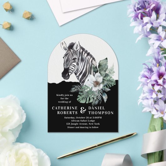 Waterverf Floral Wild Zebra Safari Wedding Acryl Uitnodigingen (Insitu (Huwelijk))