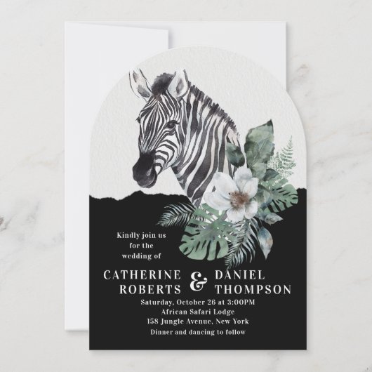Waterverf Floral Wild Zebra Safari Wedding Kaart (Voorkant)