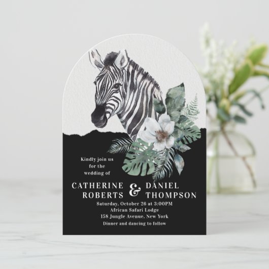 Waterverf Floral Wild Zebra Safari Wedding Kaart (Staand voorkant)