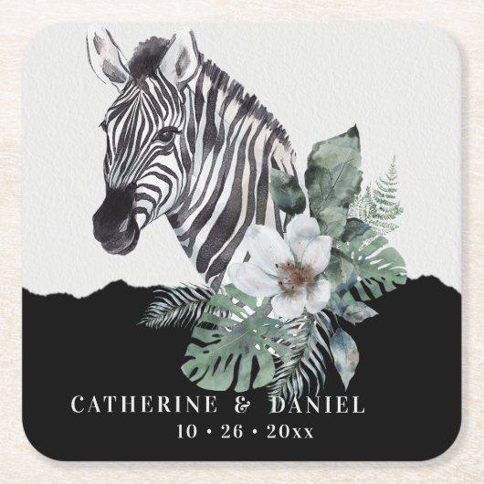 Waterverf Floral Wild Zebra Safari Wedding Kartonnen Onderzetters (Voorkant)