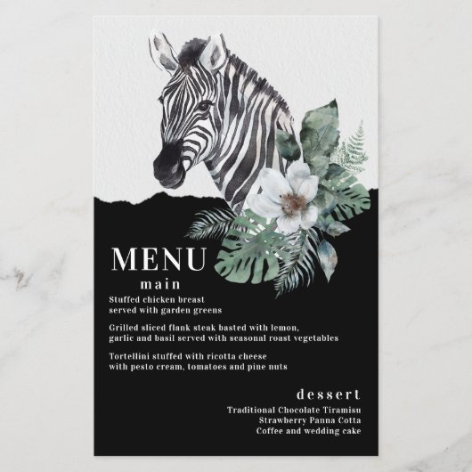 Waterverf Floral Wild Zebra Safari Wedding Menus (Voorkant)