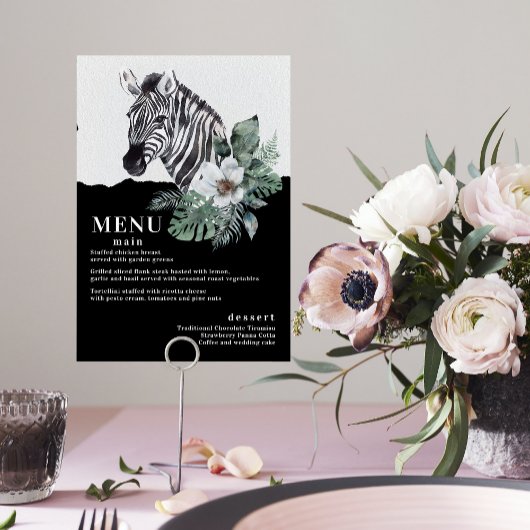 Waterverf Floral Wild Zebra Safari Wedding Menus