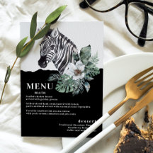 Waterverf Floral Wild Zebra Safari Wedding Menus
