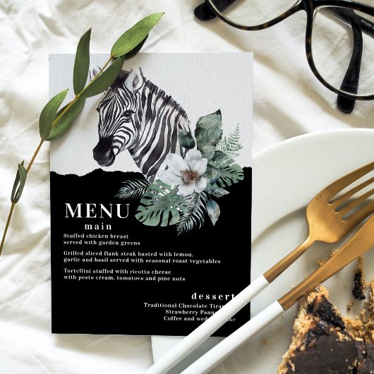 Waterverf Floral Wild Zebra Safari Wedding Menus