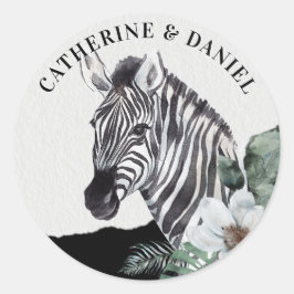 Waterverf Floral Wild Zebra Safari Wedding Names Ronde Sticker