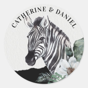 Waterverf Floral Wild Zebra Safari Wedding Names Ronde Sticker