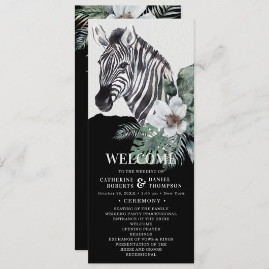 Waterverf Floral Wild Zebra Safari Wedding Programmakaart (Voorkant / Achterkant)