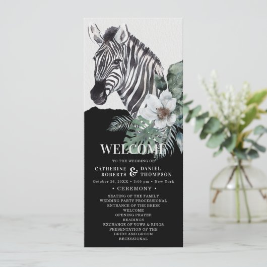 Waterverf Floral Wild Zebra Safari Wedding Programmakaart (Staand voorkant)