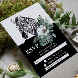 Waterverf Floral Wild Zebra Safari Wedding RSVP Kaartje
