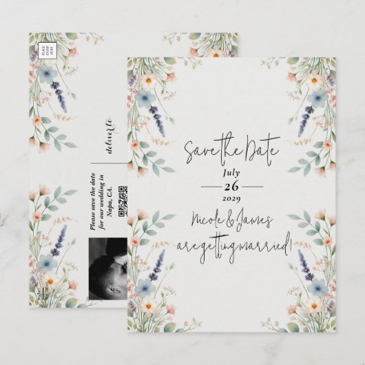 Waterverf Floral Wildflower Spring Save the Date Aankondigingskaart (Voorkant / Achterkant)