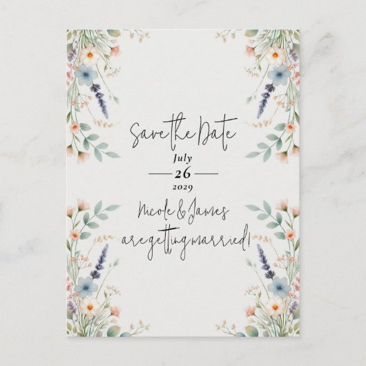 Waterverf Floral Wildflower Spring Save the Date Aankondigingskaart (Voorkant)
