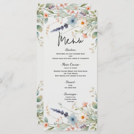 Waterverf Floral Wildflower Spring Wedding Menu (Voorkant / Achterkant)