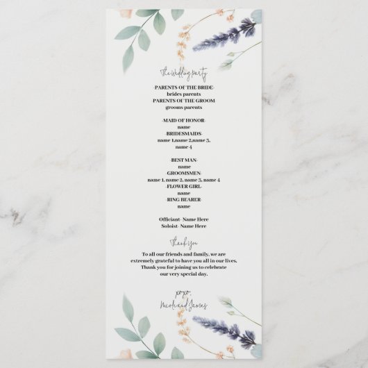 Waterverf Floral Wildflower Wedding Programma Programmakaart (Achterkant)