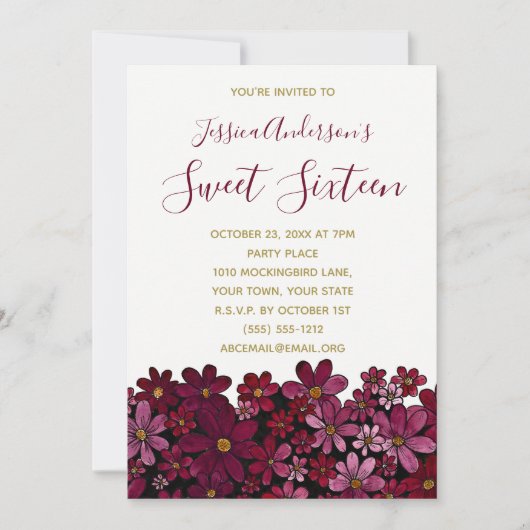 Waterverf Floral Wine Gold Sweet 16 Birthday Kaart (Voorkant)