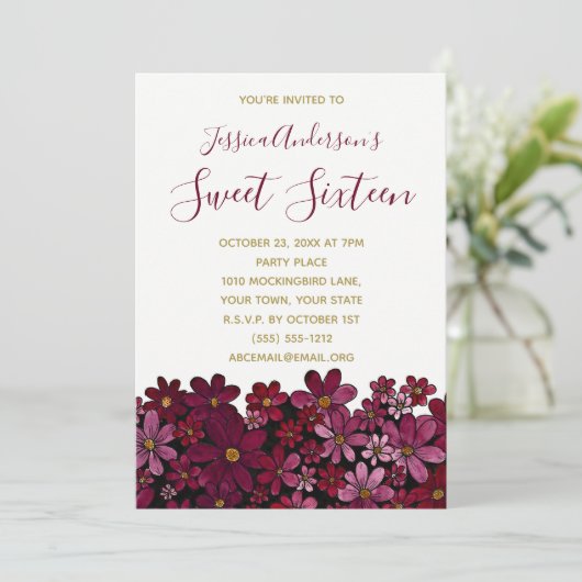 Waterverf Floral Wine Gold Sweet 16 Birthday Kaart (Staand voorkant)