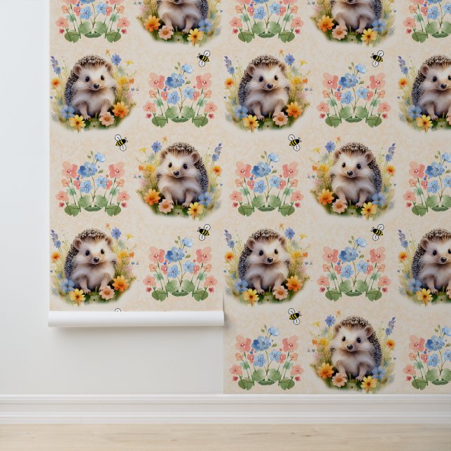 Waterverf Floral Woodland Animals Egel bij Behang (Applicatie)