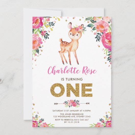 Waterverf Floral Woodland Deer 1e verjaardag Kaart (Voorkant)