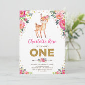 Waterverf Floral Woodland Deer 1e verjaardag Kaart (Staand voorkant)