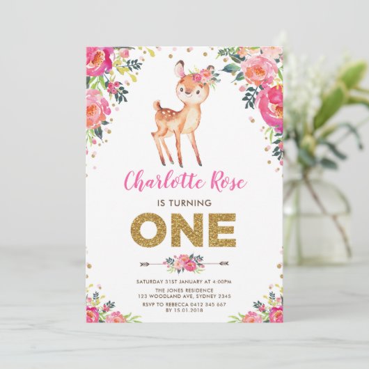 Waterverf Floral Woodland Deer 1e verjaardag Kaart (Staand voorkant)