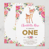 Waterverf Floral Woodland Deer 1e verjaardag Kaart (Voorkant / Achterkant)