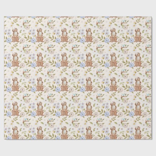 Waterverf Floral Woodland Forest Gebreid Beer Cadeaupapier (Vlak)