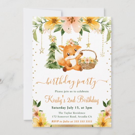 Waterverf Floral Woodland Fox Verjaardagsfeest Kaart (Voorkant)