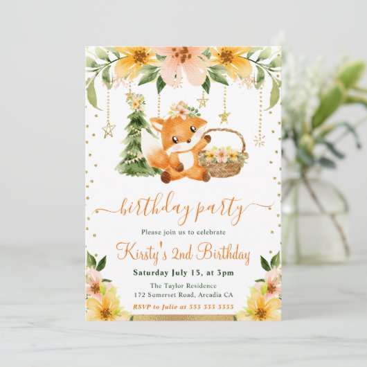 Waterverf Floral Woodland Fox Verjaardagsfeest Kaart (Staand voorkant)