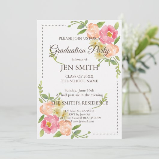 Waterverf Floral Woodsy Afstuderen Invitation Kaart (Staand voorkant)